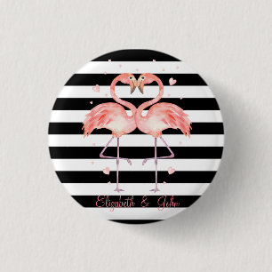 Cute Flamingos In Love ,Black White Stripes 1 Inch Round Button