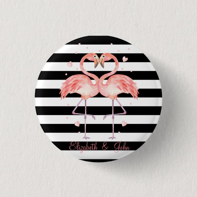 Cute Flamingos In Love ,Black White Stripes  1 Inch Round Button (Front)