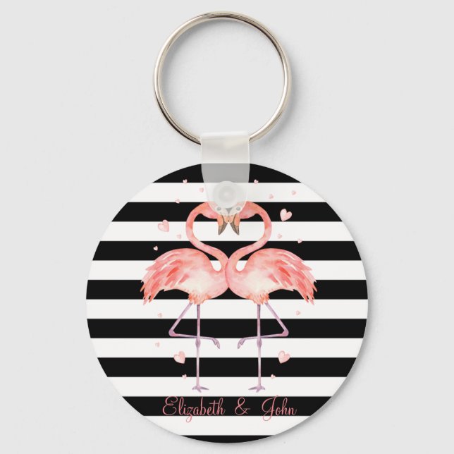 Cute Flamingos In Love ,Black White Stripes   Keychain (Front)