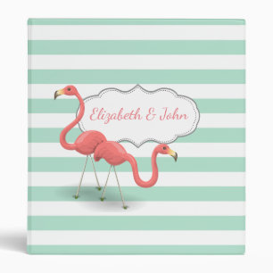 Cute Flamingos In Love, Stripes -Personalized Binder