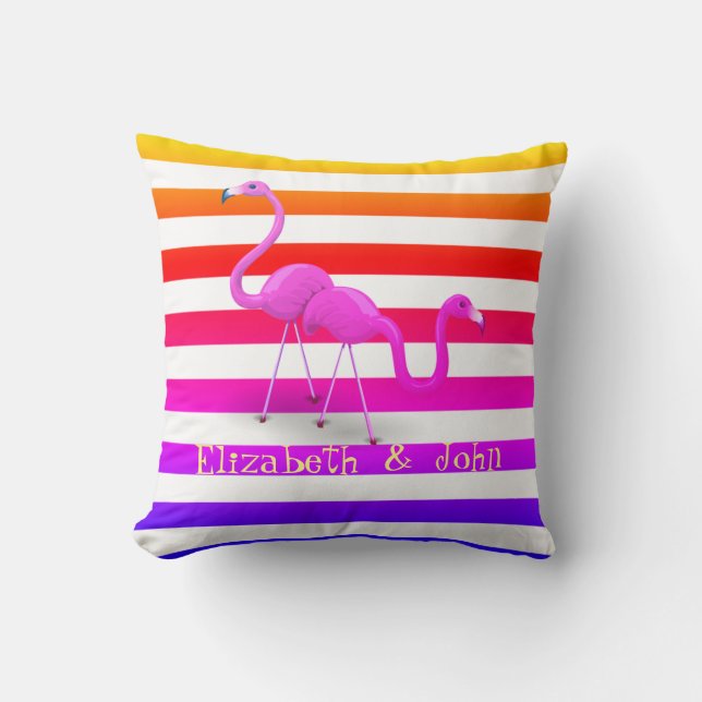 Cute Flamingos,Ombre Stripes Throw Pillow (Front)
