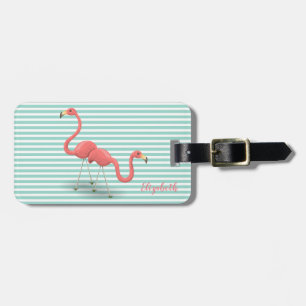Cute  Flamingos  On Mint  White Stripes Luggage Tag