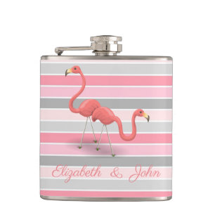 Cute Flamingos , Stripes,Personalized Hip Flask