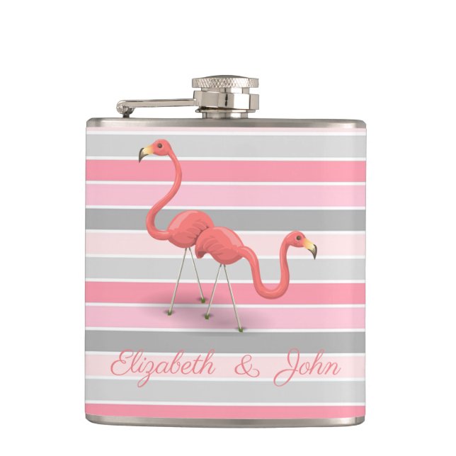 Cute  Flamingos , Stripes,Personalized Hip Flask (Front)