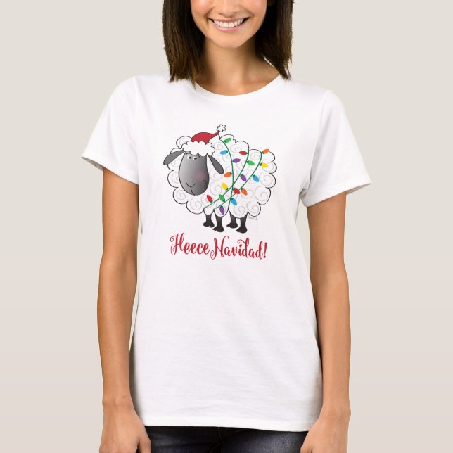 Cute Fleece Navidad Sheep with Christmas Lights T-Shirt (Front)