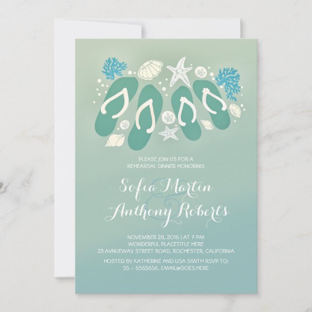 Cute flip flops beach rehearsal dinner invitation (Front)