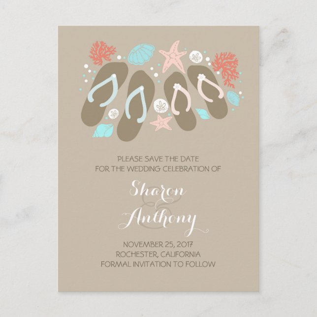 Cute flip flops beach wedding save the date announcement postcard (Front)