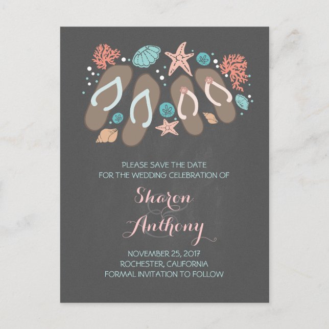 Cute flip flops beach wedding save the date announcement postcard (Front)