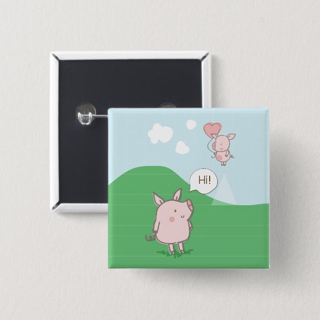 Cute Floating Pig Saying Hi 2 Inch Square Button (Front & Back)