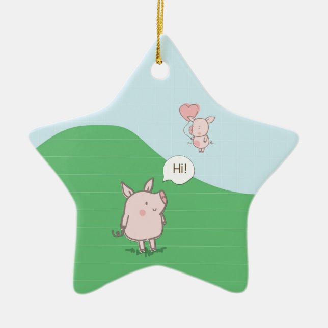 Cute Floating Pig Saying Hi Ceramic Ornament (Front)