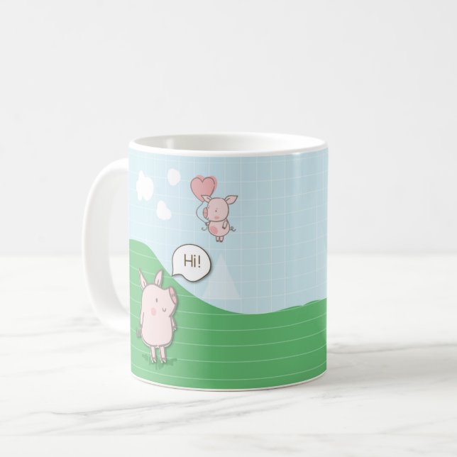 Cute Floating Pig Saying Hi Coffee Mug (Front Left)