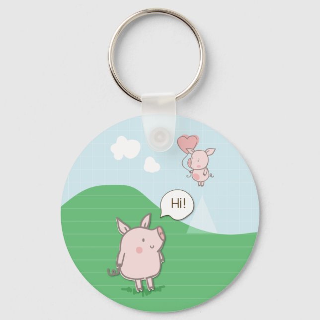 Cute Floating Pig Saying Hi Keychain (Front)