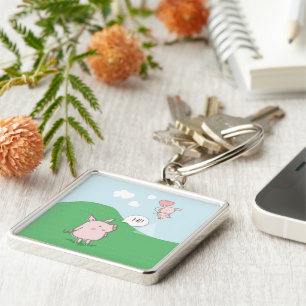 Cute Floating Pig Saying Hi Keychain