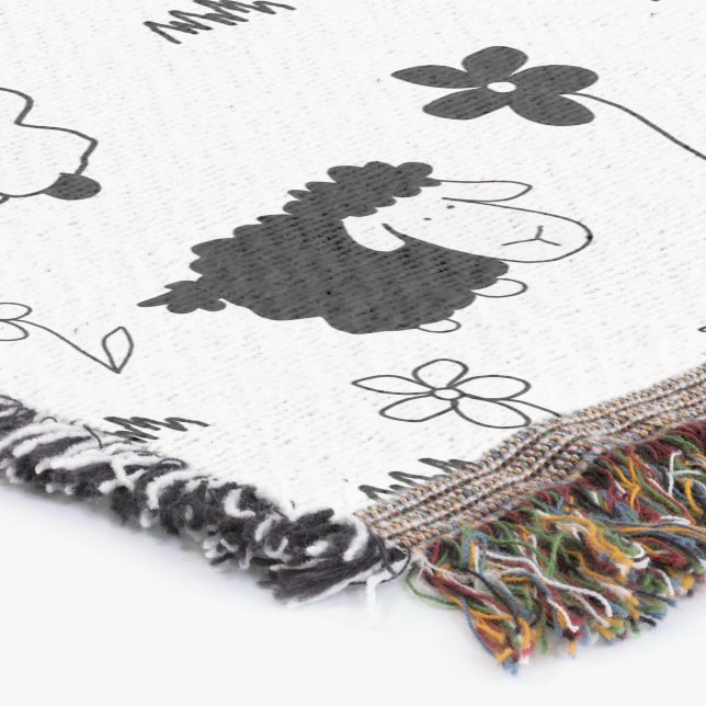 Cute Flock of Sheep Illustration Black And White Throw Blanket (Corner)