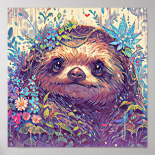 Cute Floral Abstract Sloth Art Poster