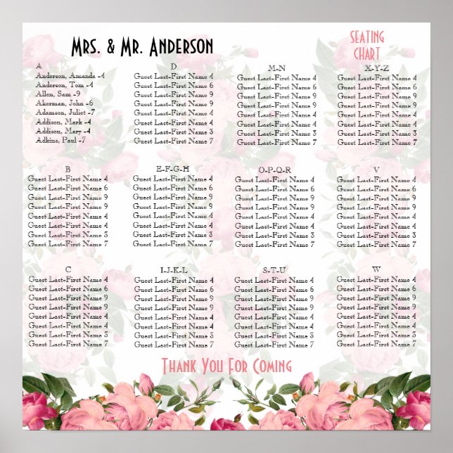 Cute floral Alphabetical seating chart (Front)