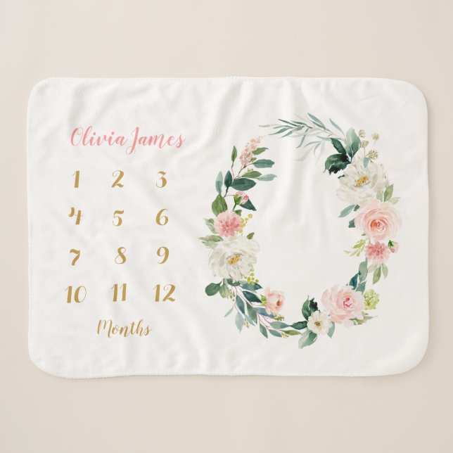 Cute Floral Baby Girl Milestone Monthly Baby Sherpa Blanket (Front (Horizontal))