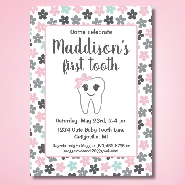 Cute Floral Baby Girl's First Tooth Party Invitation (Creator Uploaded)