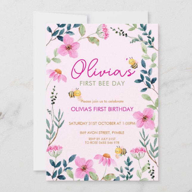 Cute Floral Bee Birthday Invitation (Front)
