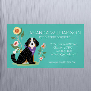 Cute Floral Bernese Mountain Dog Pet Care Services Magnetic Business Card