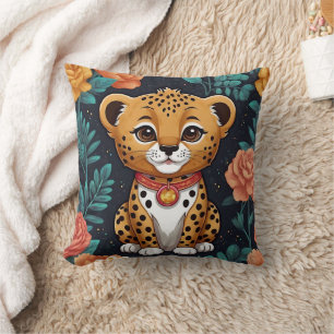 Cute Floral Blue Cheetah Print Throw Pillow
