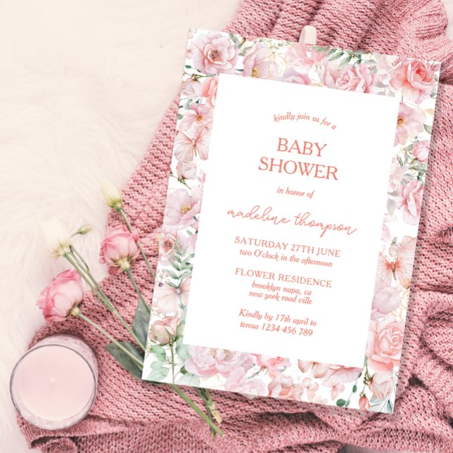 Cute Floral Blush Wing Pink Baby Shower Invitation (Creator Uploaded)