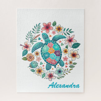 Cute Floral Boho Sea Turtle Custom Name Jigsaw Puzzle