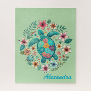 Cute Floral Boho Sea Turtle Custom Name Jigsaw Puzzle