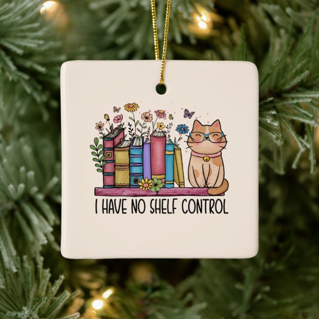 Cute Floral Books and Cat Ceramic Ornament (Tree)
