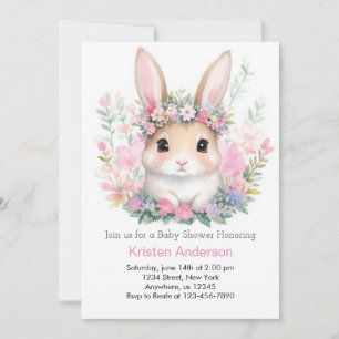 Cute Floral Bunny Girl Baby Shower Invitation