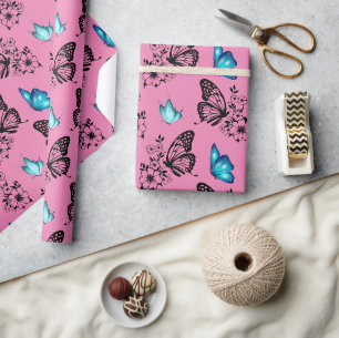 Cute Floral Butterfly Pattern Pink Wrapping Paper
