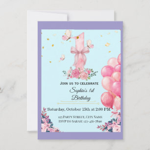 Cute Floral Butterfly Pink 1st Birthday Invitation