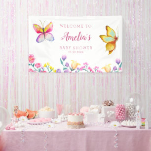 Cute Floral Butterfly Pink Baby Shower Banner