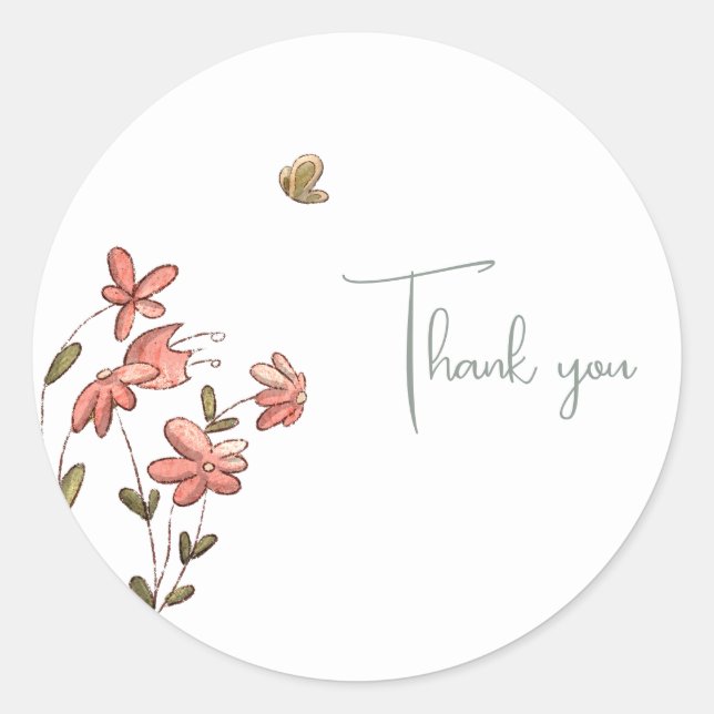 Cute Floral Butterfly Thank You Classic Round Sticker (Front)