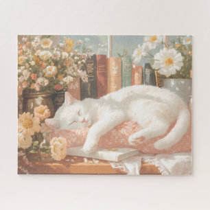 Cute Floral Cat and Books Jigsaw Puzzle