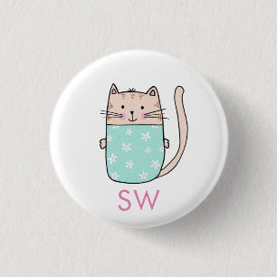 Cute Floral Cat Initials Monogram 1 Inch Round Button