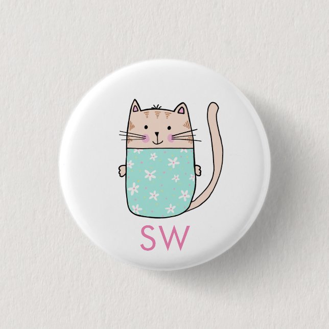 Cute Floral Cat Initials Monogram 1 Inch Round Button (Front)
