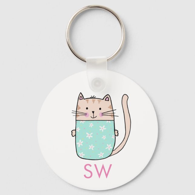 Cute Floral Cat Initials Monogram Keychain (Front)