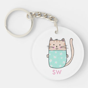 Cute Floral Cat Initials Monogram Keychain