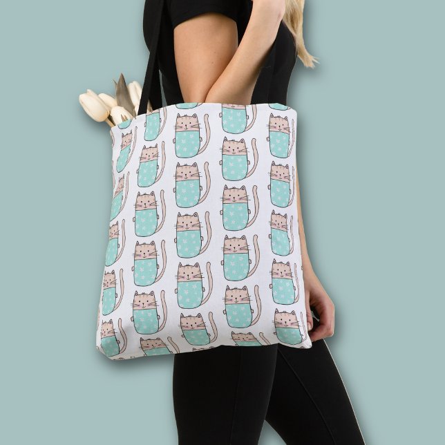 Cute Floral Cat Pattern Tote Bag (Cute cat pattern all over print tote bag)