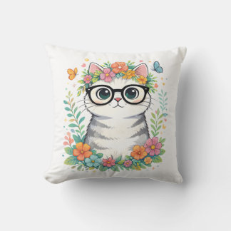 Cute Floral Cat with Glasses Throw Pillow