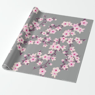 Cute Floral Cherry Blossoms Pink Grey Wrapping Paper