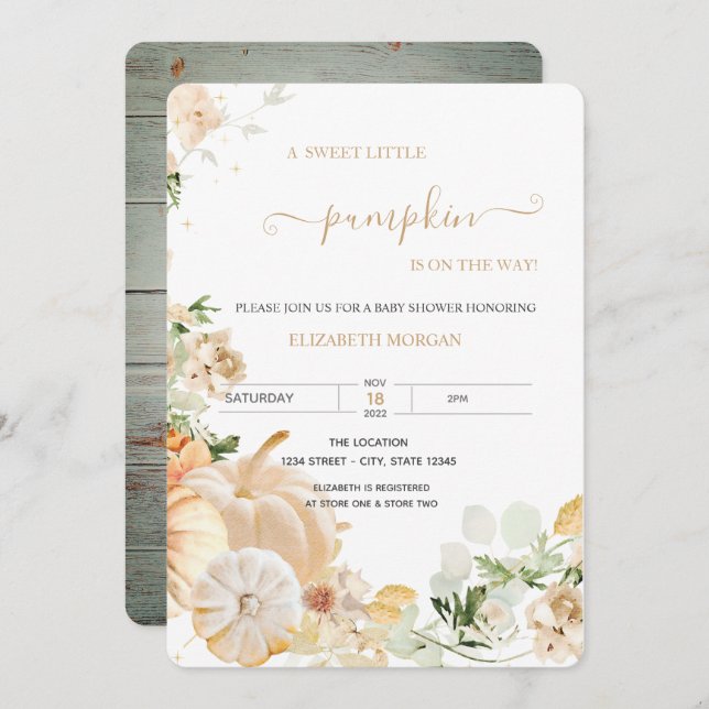 Cute Floral Citrouille Invitation Bois (Devant / Derrière)