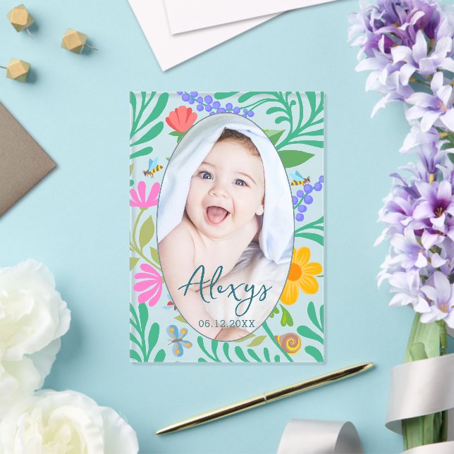 Cute Floral Colourful Add Photo Birth Announcemen Acrylic Invitations (Insitu (Wedding))