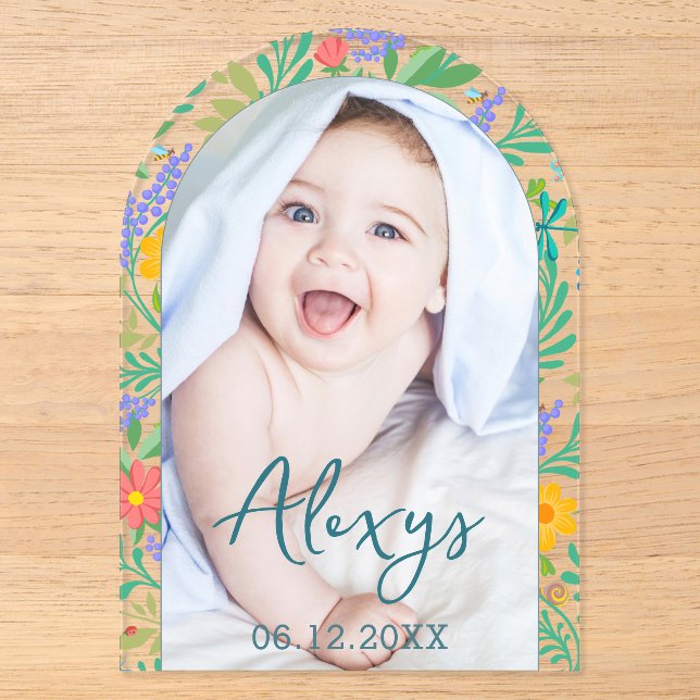  Cute Floral Colourful Add Photo Birth Announcemen Acrylic Invitations (Front)