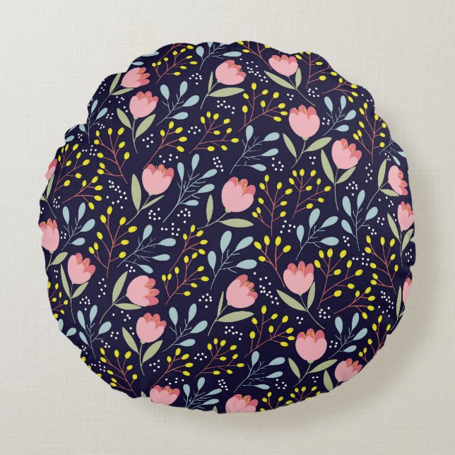 Cute Floral: Colourful Flowers Pattern. Round Pillow (Front)
