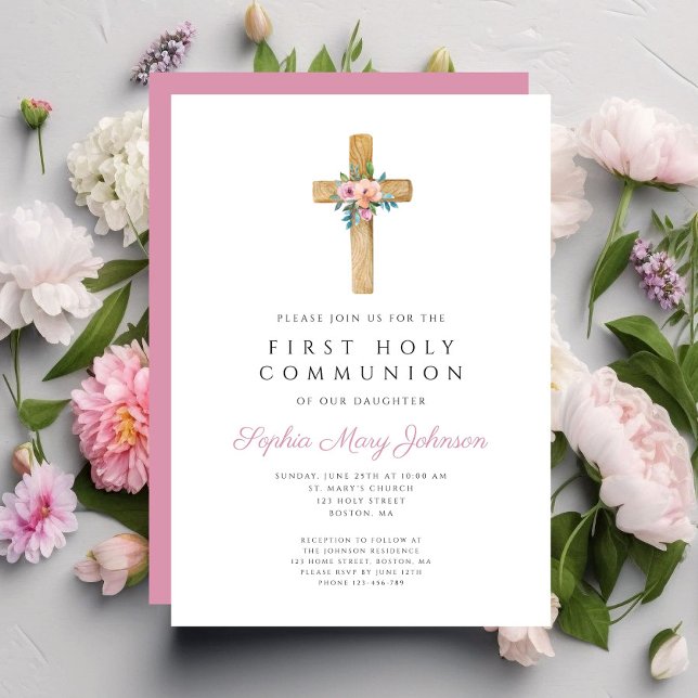 Cute Floral Cross Girl First Communion Invitation (Cute Floral Cross Girl First Communion Invitation)