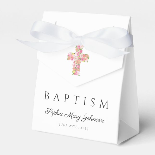Cute Floral Cross Religious Baptism Favor Box (Front Side)