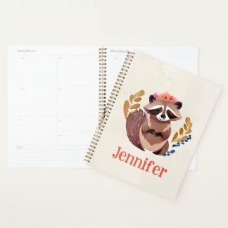 Cute Floral Crown Watercolor Raccoon Planner