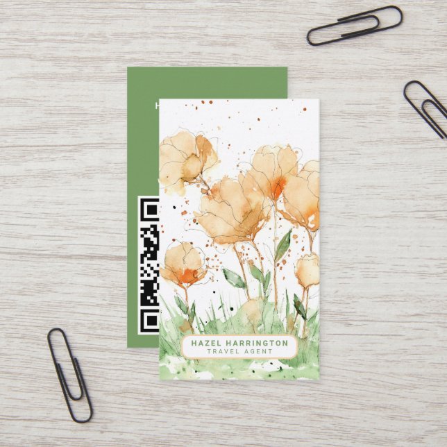 Cute Floral Custom QR Code Scannable Whimsical Business Card (Front/Back In Situ)